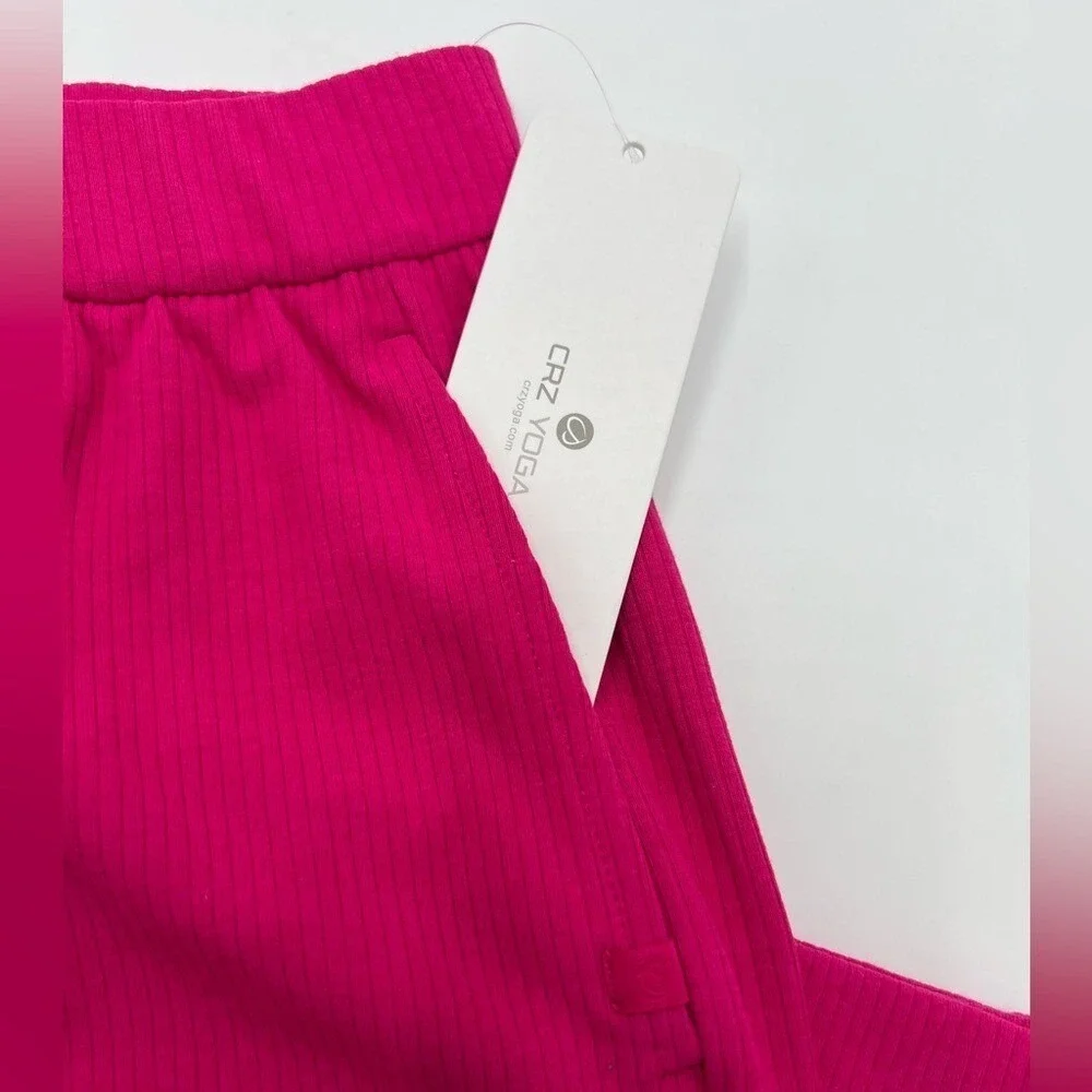 CRZ YOGA Womens Hot Pink Ribbed Wide Leg Lounge Pants High Waisted‎ Small NEW